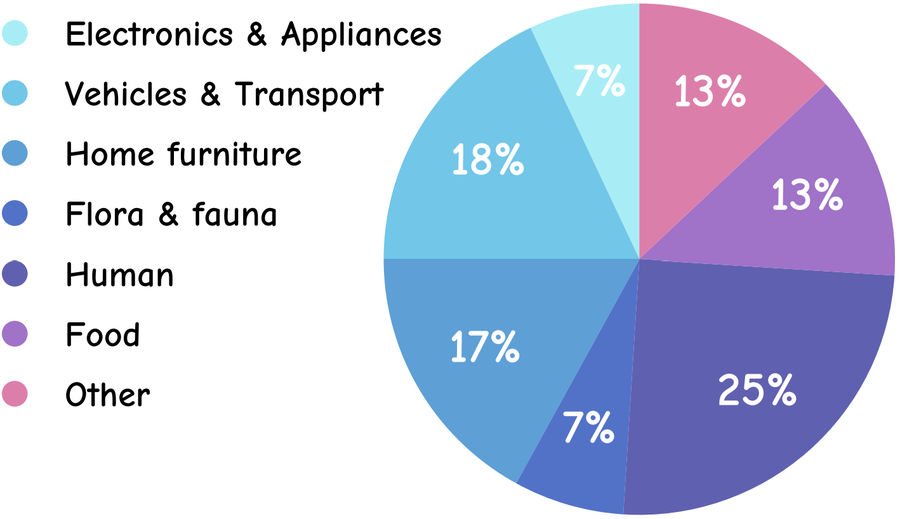 Pie chart showing the distribution of subject categories in the AIpsych Benchmark: Human 25%, Vehicles & Transport 18%, Home furniture 17%, Electronics & Appliances 13%, Food 13%, Flora & fauna 7%, Other 7%.